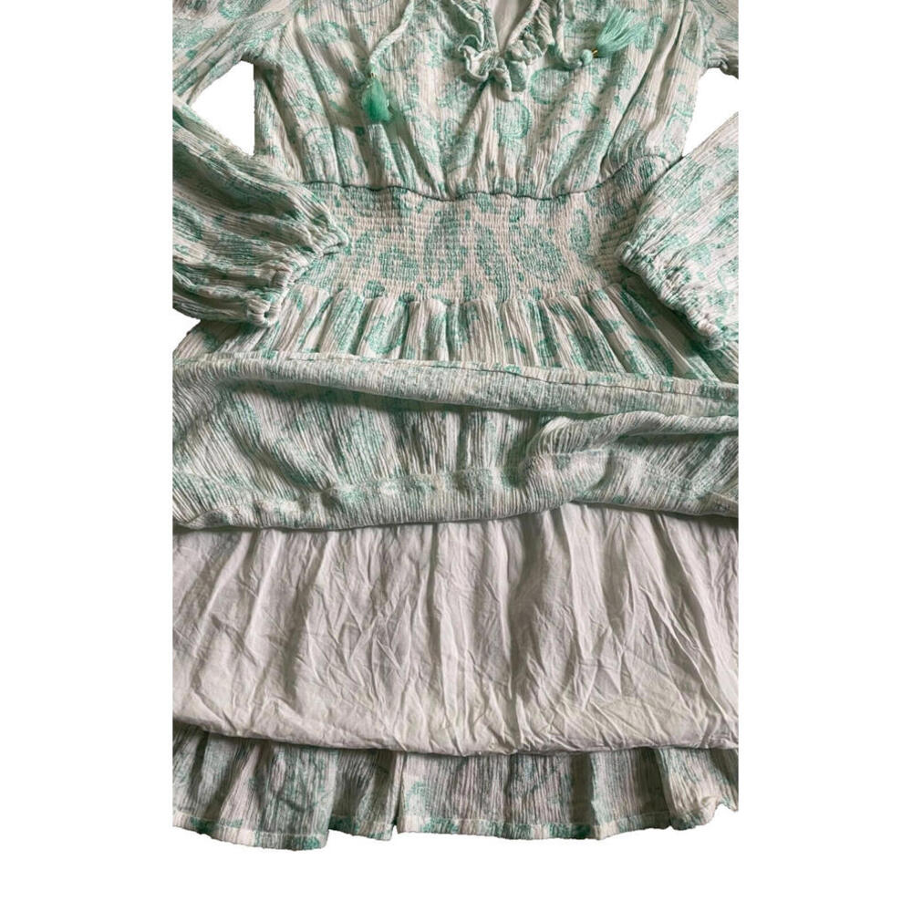 House of Harlow 1960 Paisley Long Sleeve Ruffle Smocked Mini Dress Mint Green S - Picture 6 of 9